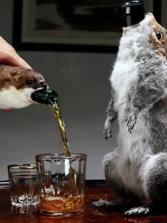 Рука, бутылка, стакан, белочки.