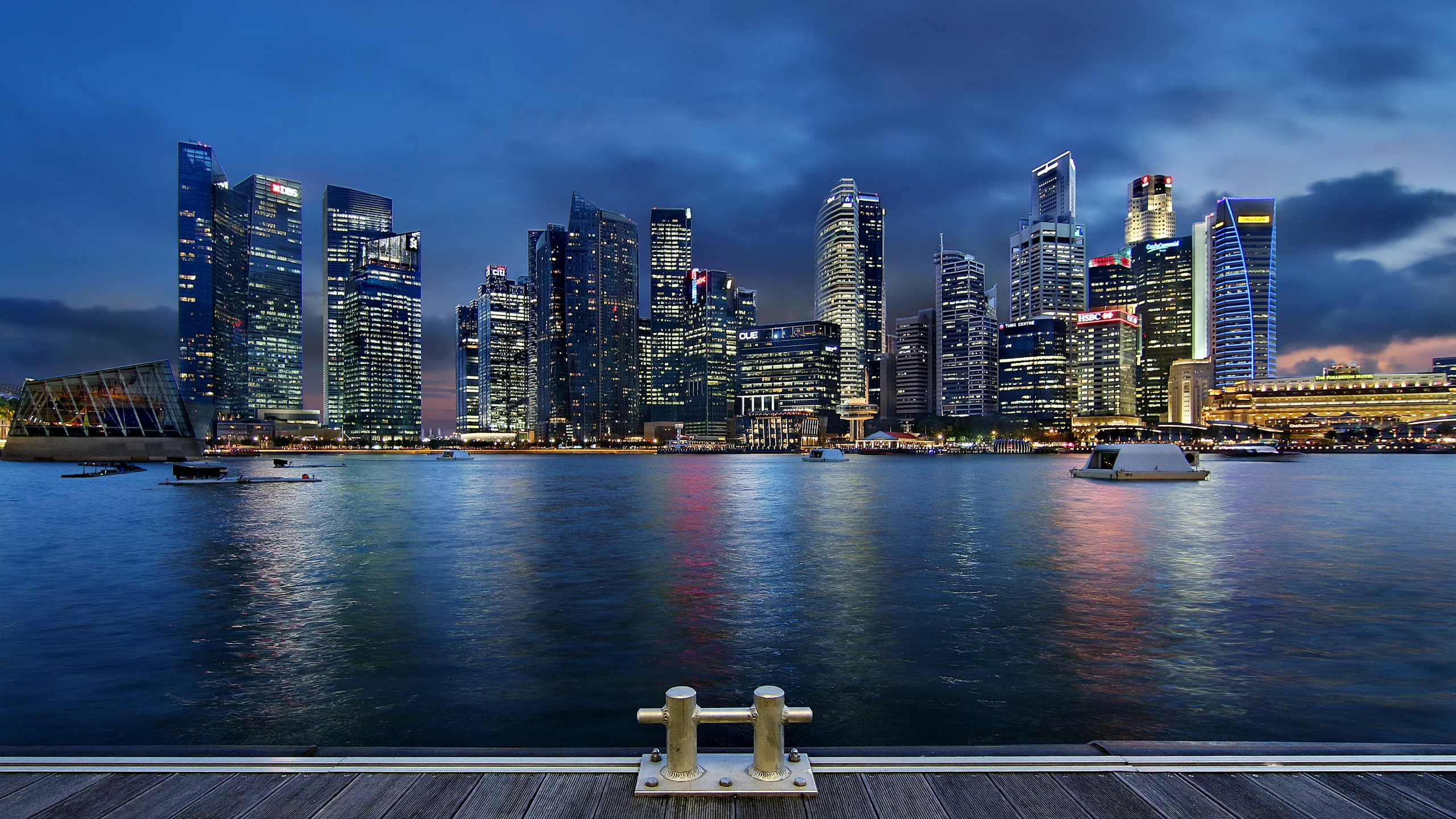clouds, architecture, singapore, lights, gardens by the bay, night, skyscrapers, blue sky