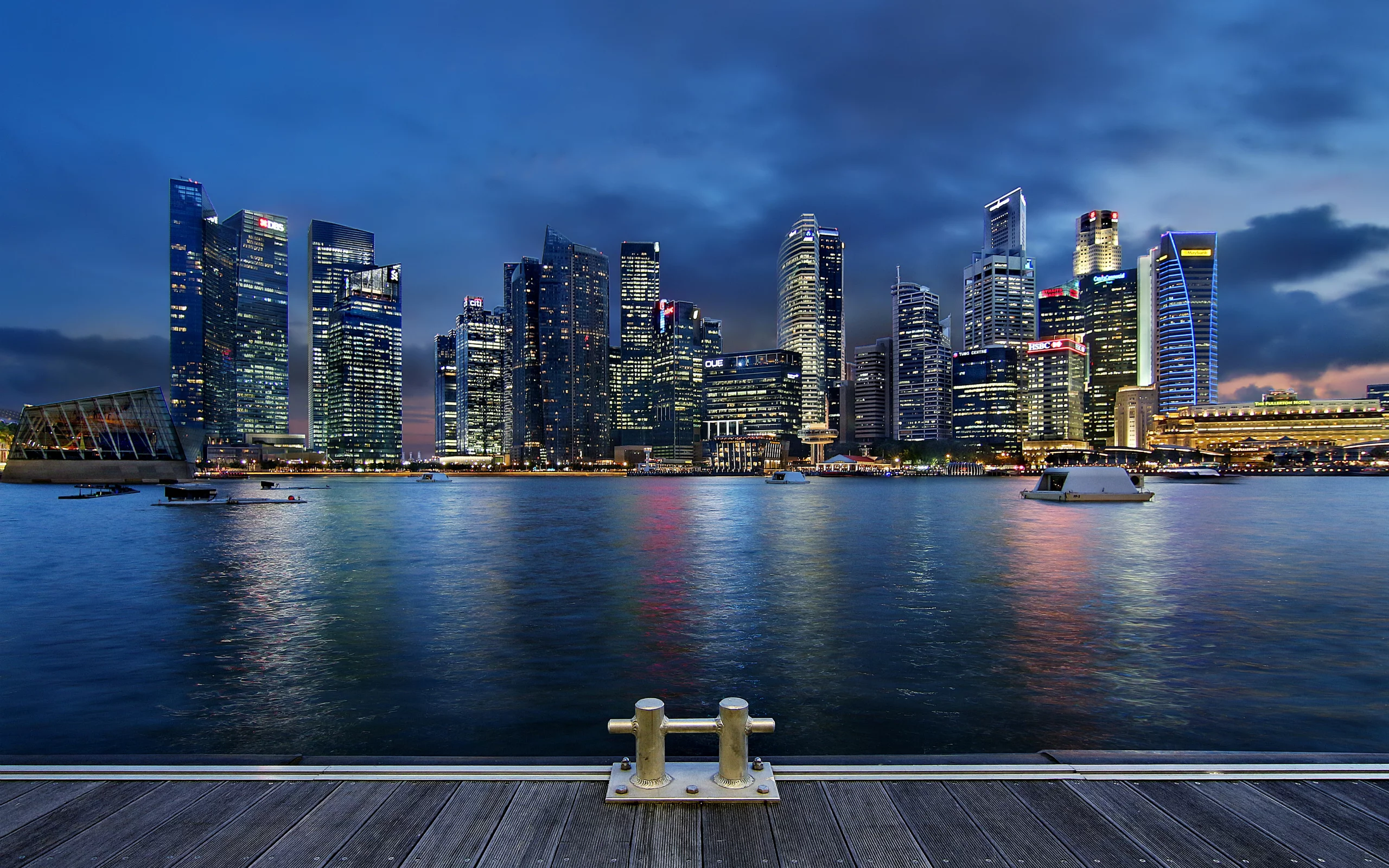 clouds, architecture, singapore, lights, gardens by the bay, night, skyscrapers, blue sky