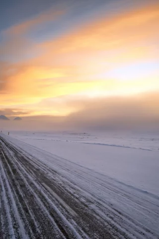 зима, пейзаж, дорога, закат