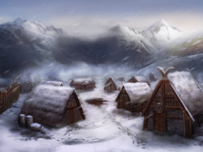 арт, викинги, деревня, michael davini, снег, дома, поселение
