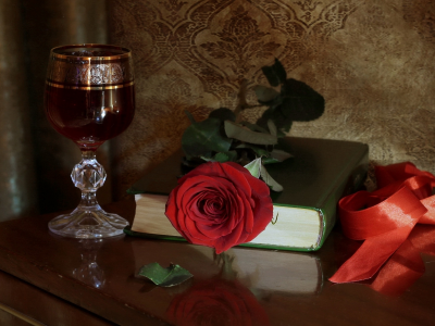 роза, книга, лента, бокал