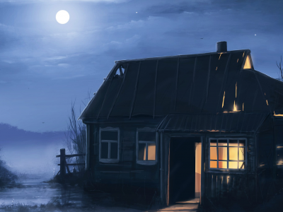 ночь, дом, пустош, арт, дерево, луна