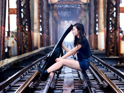 мост, гитара, музыка, железная дорога, девушка, азиатка