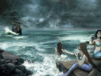 шторм, корабль, скалы, русалки