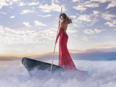 небо, река, туман, лодка, девушка в красном, в бегах