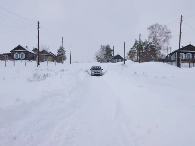 зима, деревня, снег, улица, сугробы, машина