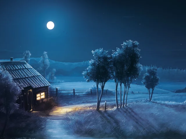 луна, ночь, поле, дерево, дом