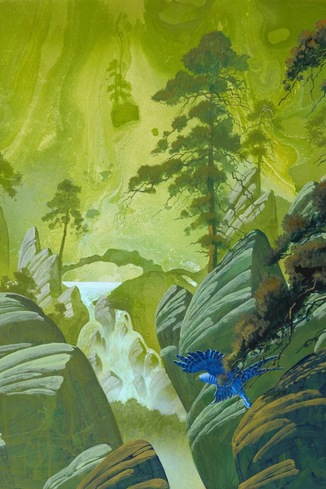 roger dean, арт, скалы, птица, фантастика, сосны, деревья