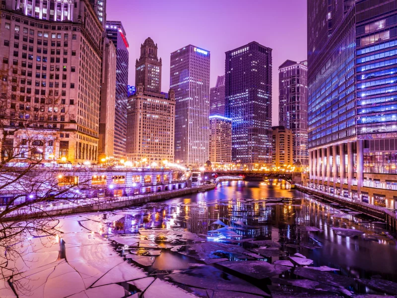 usa, chicago, чикаго, здания, illinois, река, зима, небоскребы