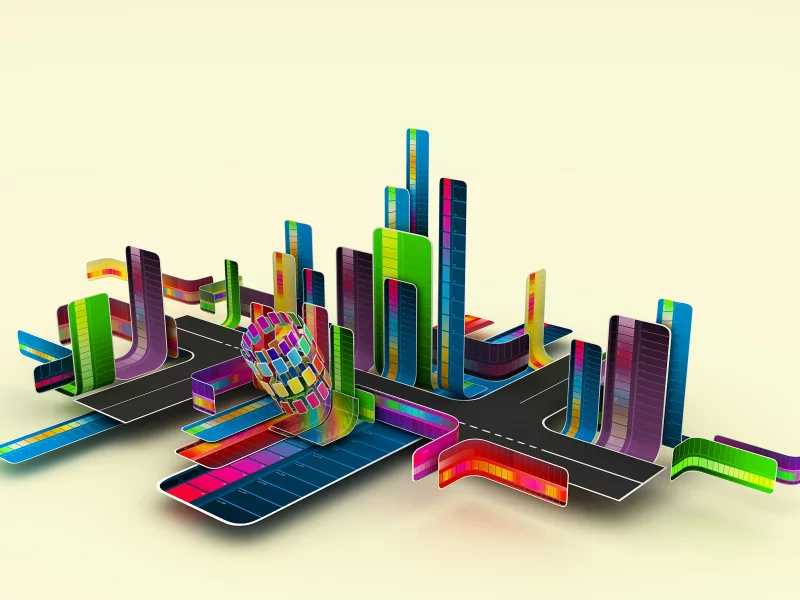 город, обои, лента, перекресток, дома, полоса, улица, 3d