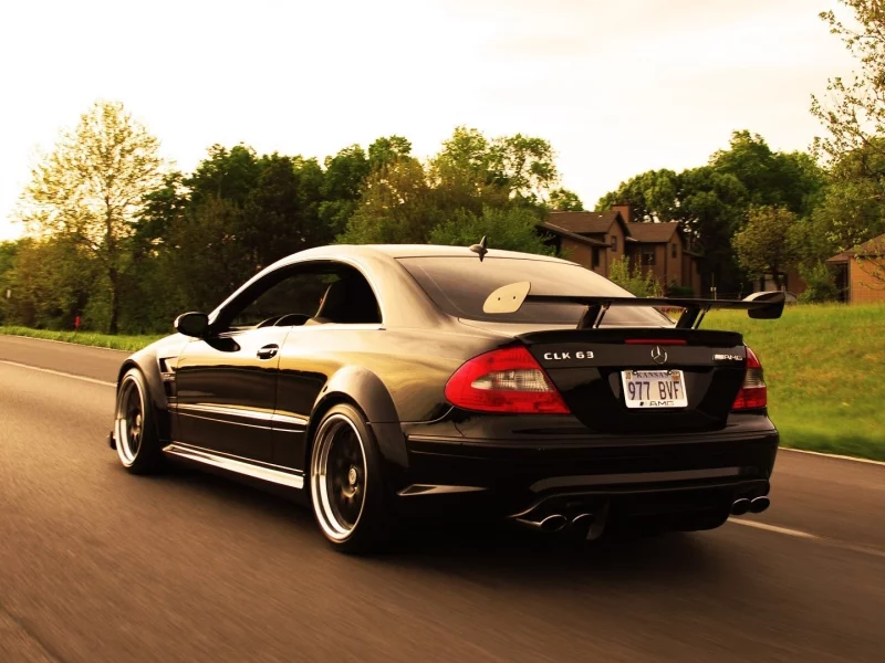 mercedes, clk63, amg, черный, спойлер, дорога