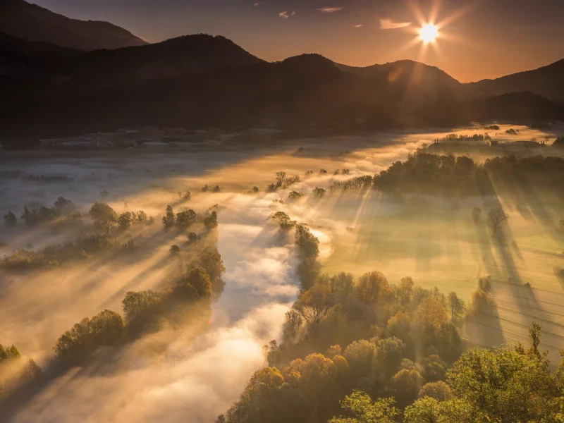 горы, долина, река, природа, свет, лучи, туман