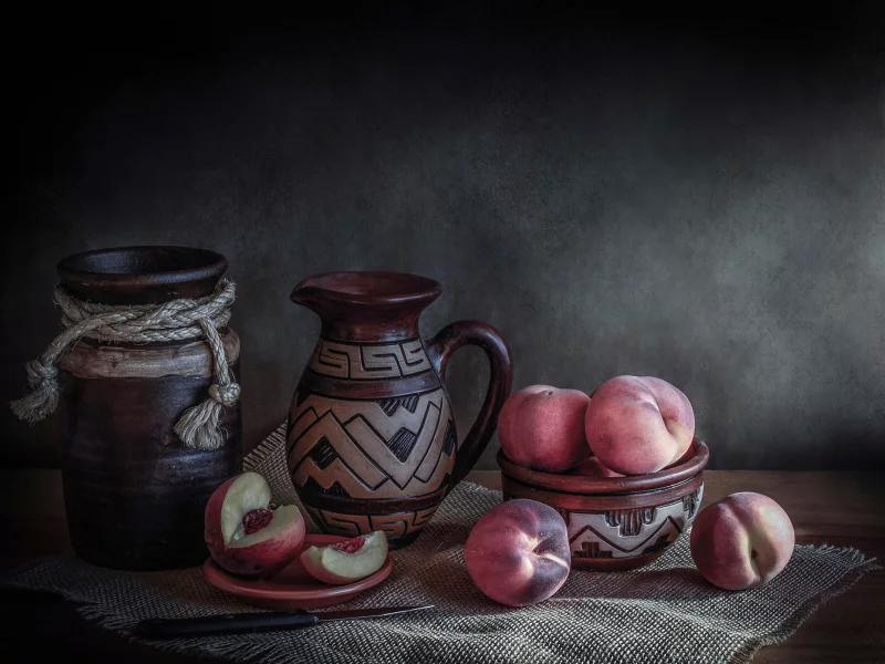 Fresh peaches, натюрморт, кувшин, персики, нож