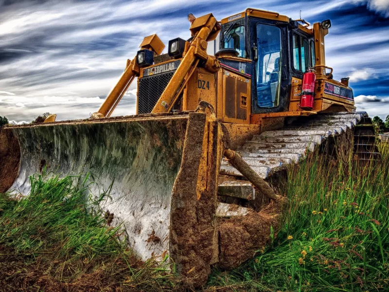 Фон, трава, небо, бульдозер, Caterpillar