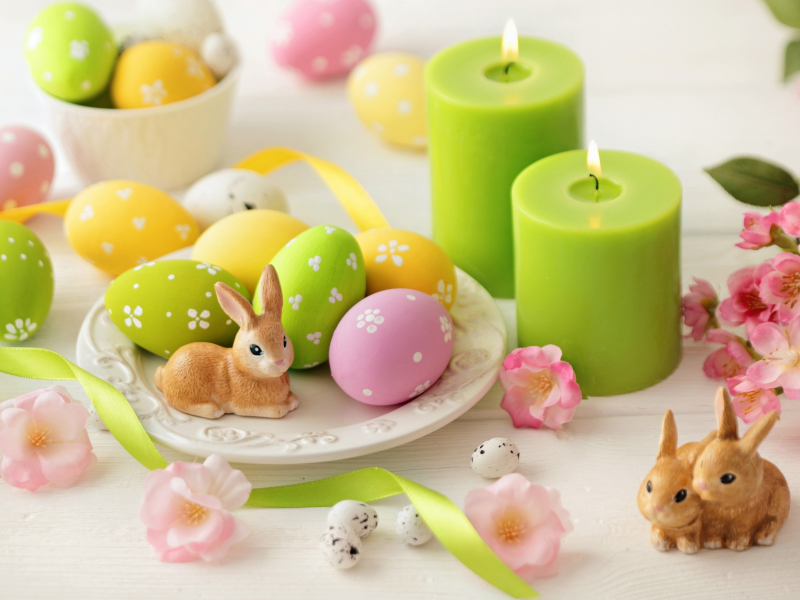Easter, eggs, flowers, Пасха, яйца, цветы, ленты, кролики, свечи