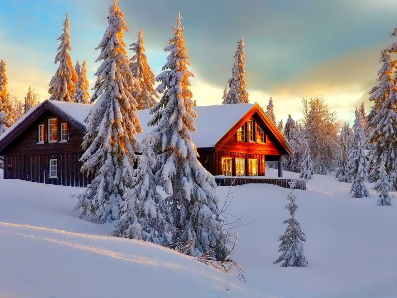 природа, зима, лес, небо, пейзаж, деревья, дом, снег