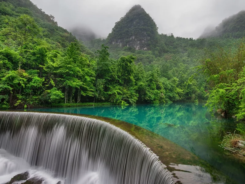 горы, река, водопад, guizhou, лес, china, либо, китай, libo county