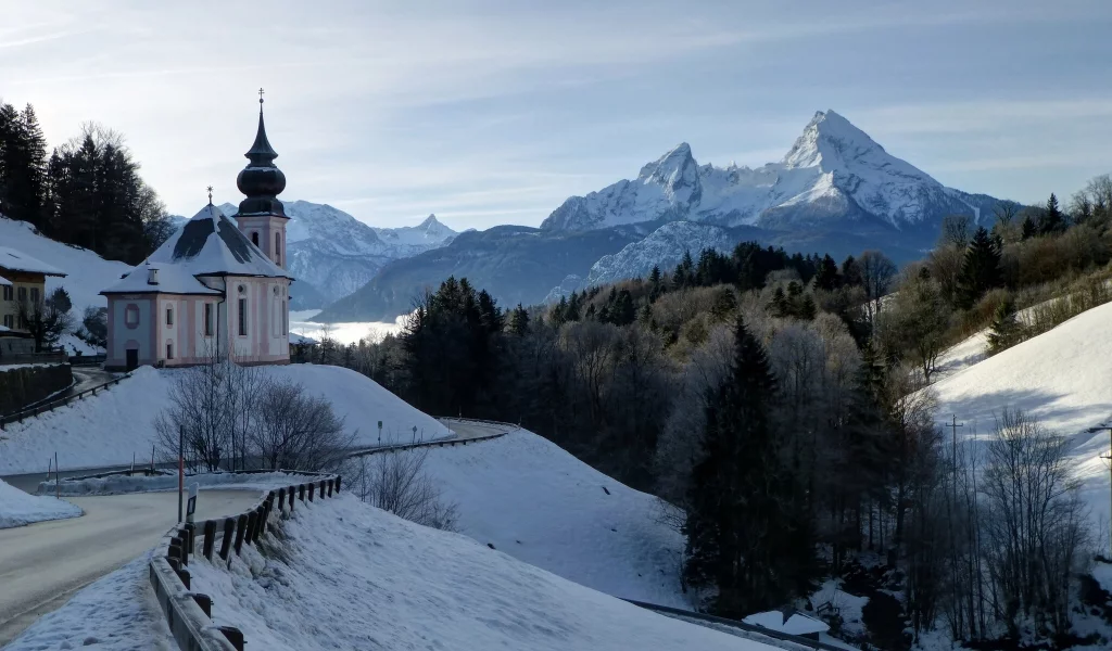 bavarian alps, mount watzmann, bavaria, maria gern church, berchtesgaden, germany