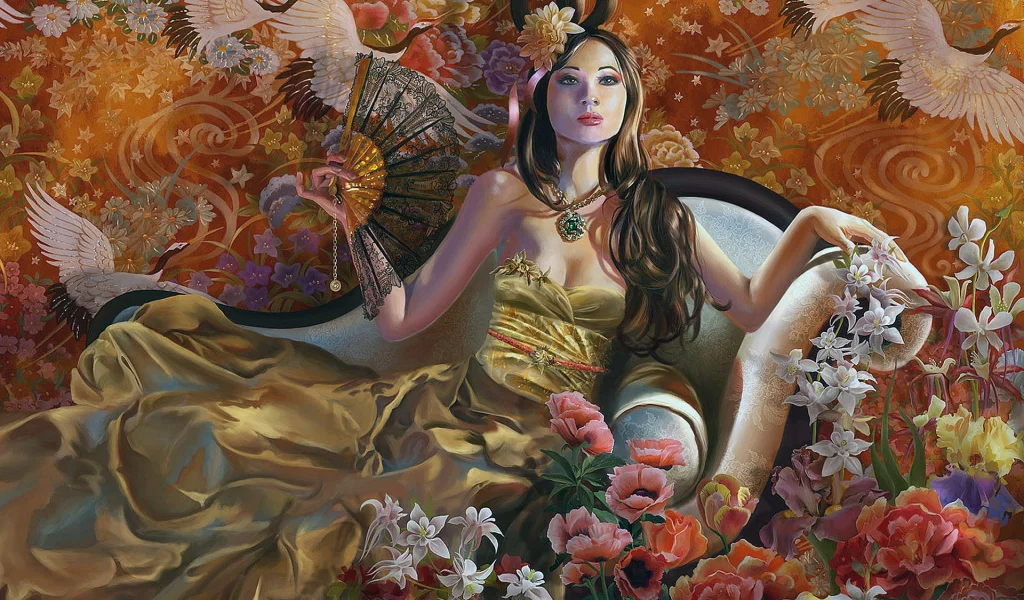 Девушка, гейша, азиатка, цветы, птицы.