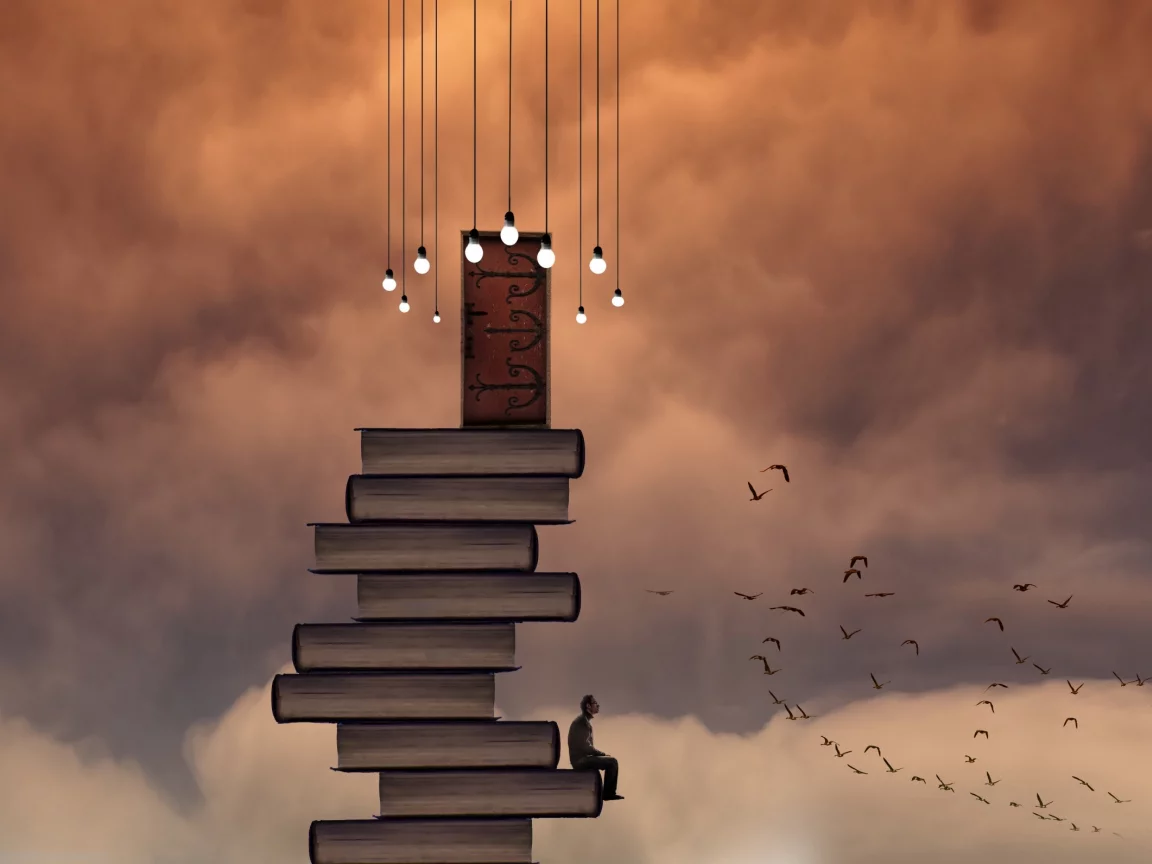 книги, небо, человек, дверь, птицы