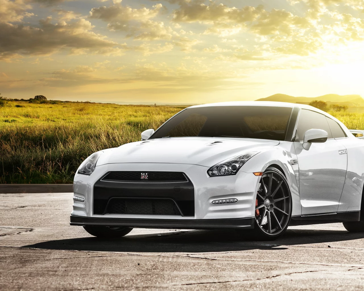 белый, nissan, ниссан, поле, front, блики, солнце, white, gt-r