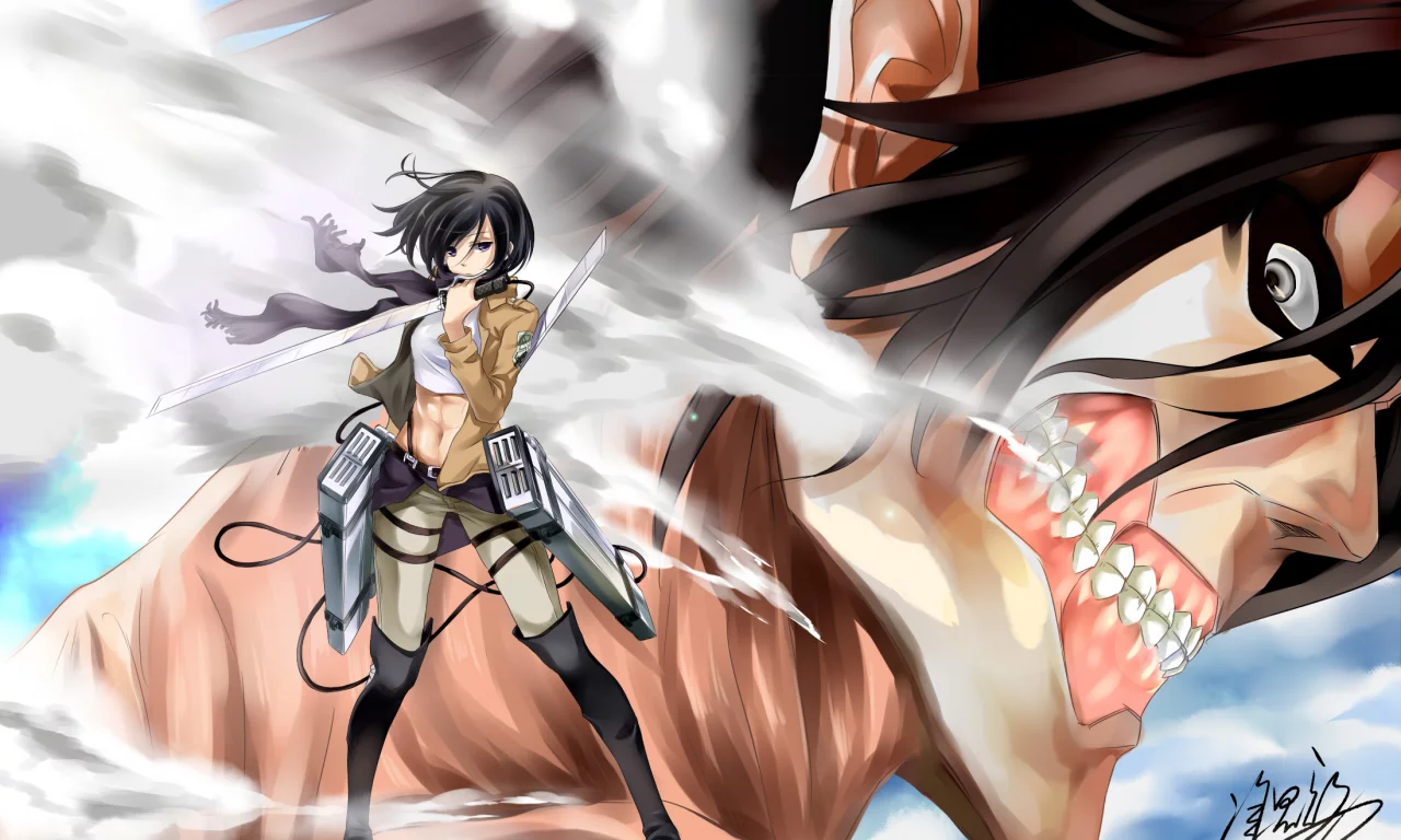 жест, eren jaeger, девушка, mikasa ackerman, титан, взгляд, art, kousen yasou