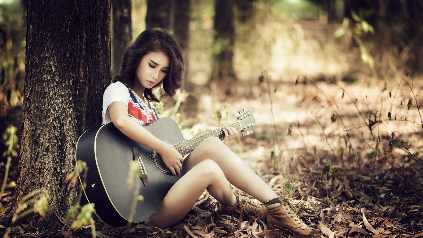 девушка, гитара, азиатка
