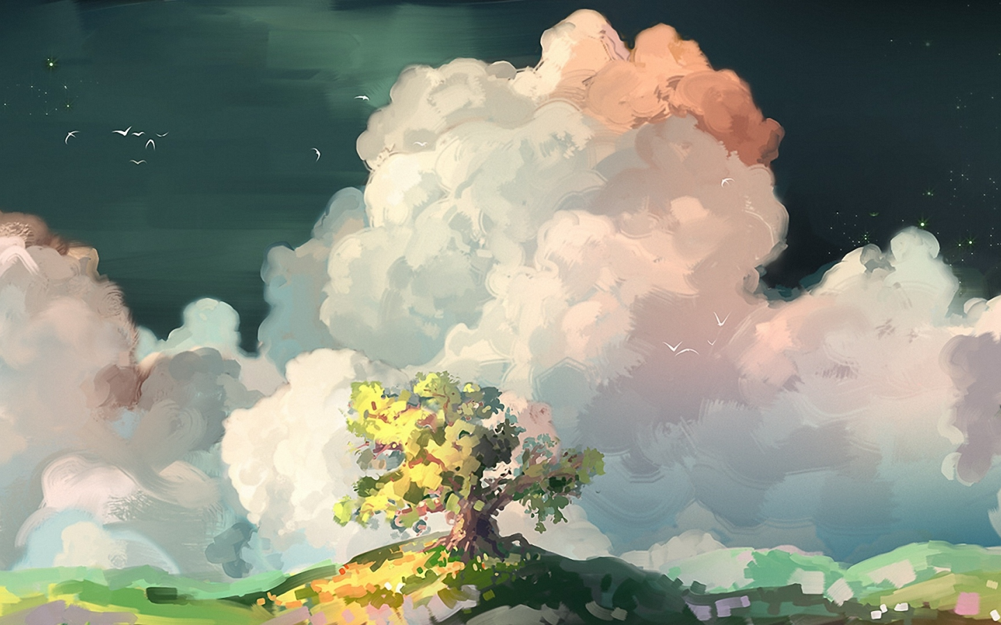 дерево, облака, нарисованный пейзаж, арт, птицы