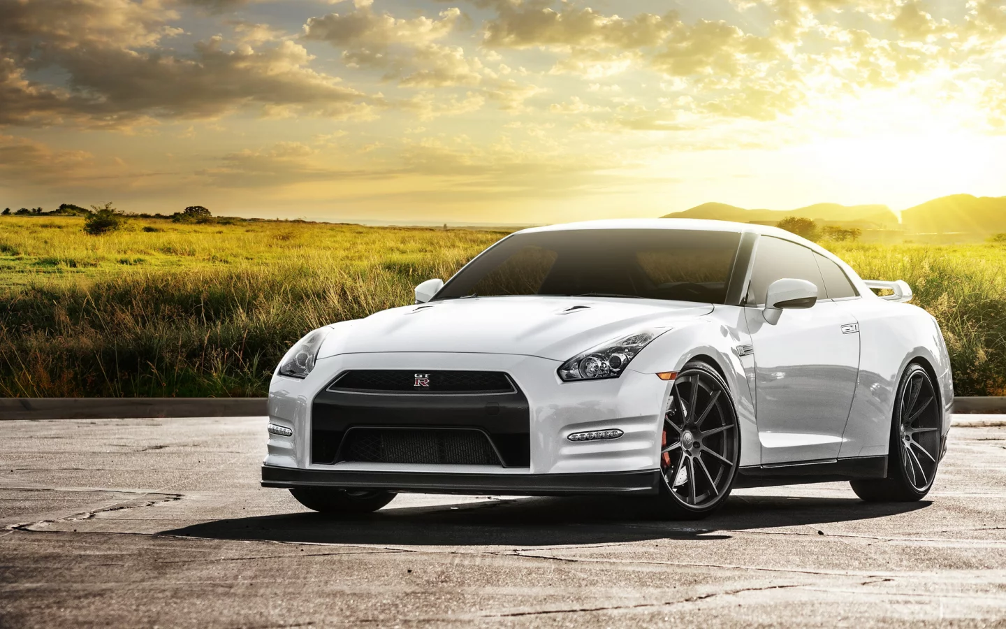 белый, nissan, ниссан, поле, front, блики, солнце, white, gt-r