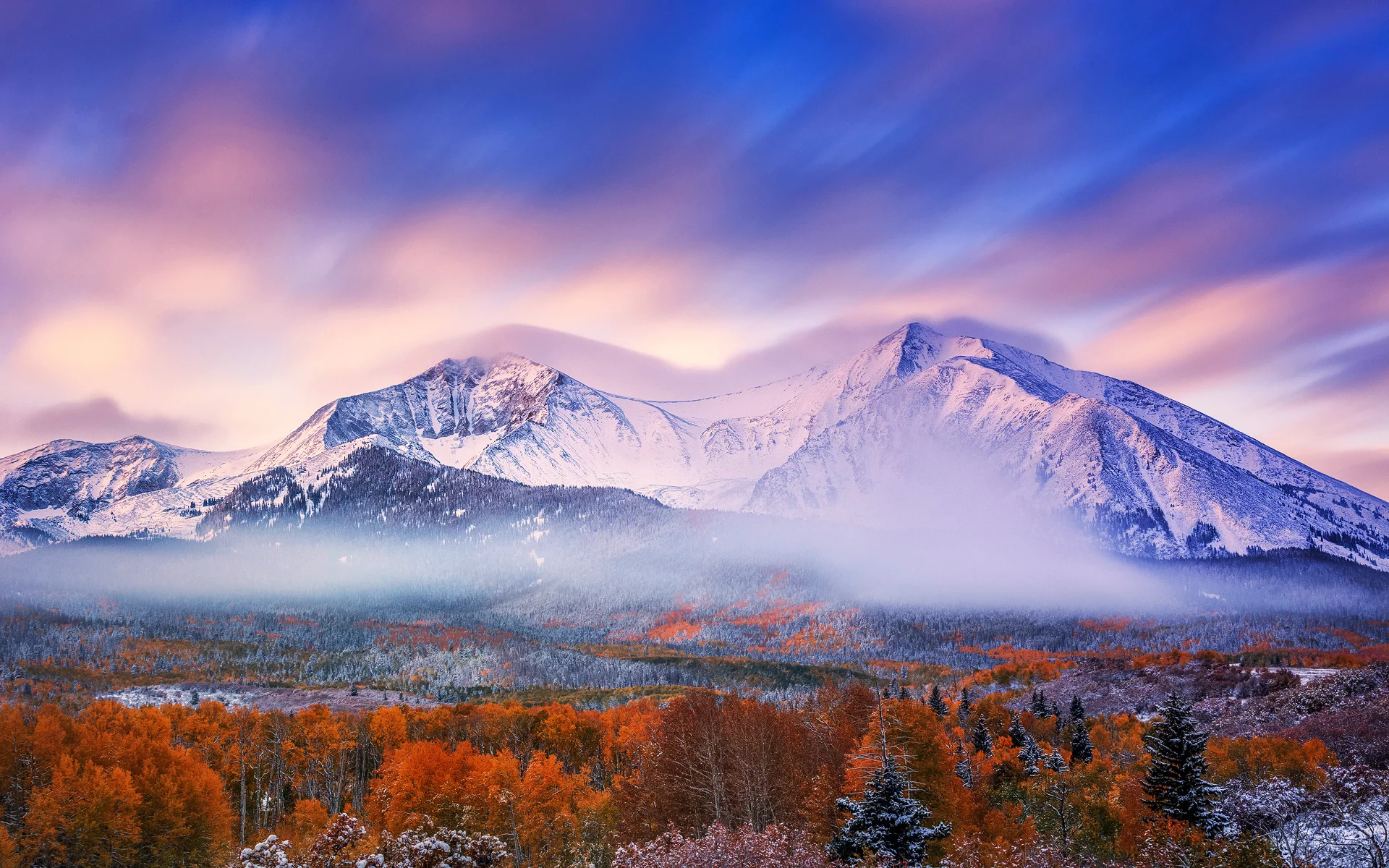 осень, лес, утро, небо, горы, снег