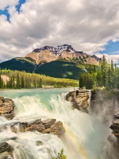 пейзаж, река, водопад, радуга, небо, горы