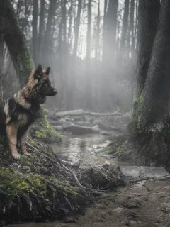 лес, ручей, собака, взгляд