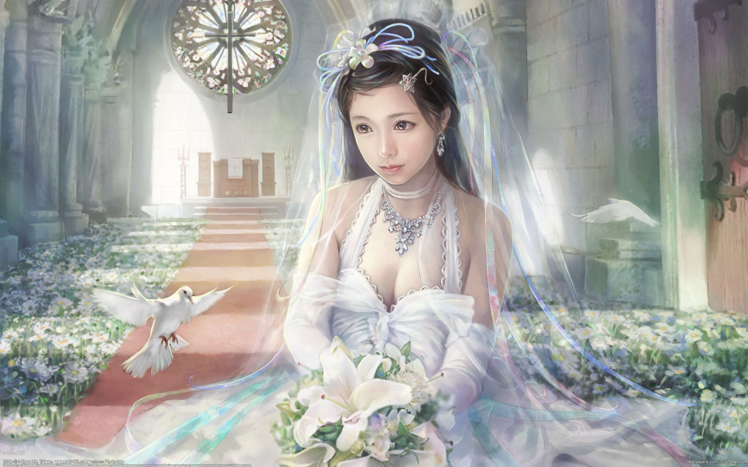 i-chen lin, девушка, голуби, букет, красота, невеста, цветы