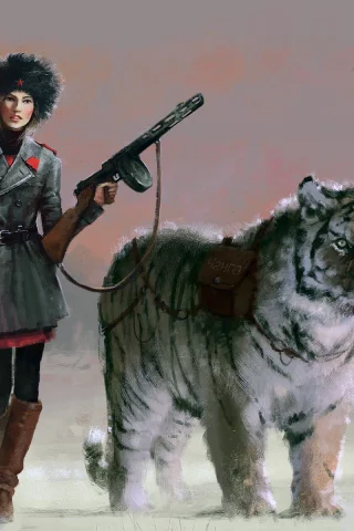 Зима, снег, девушка, форма, животное, тигр, арт, рисунок.