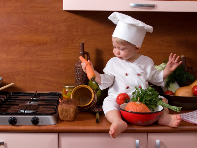 pumpkin, cook, kitchen, stove, ребёнок, child, carrot, parsley, tomato, bread, vegetables