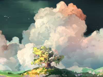 дерево, облака, нарисованный пейзаж, арт, птицы
