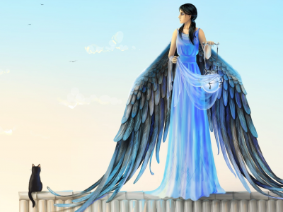крылья, голубое платье, девушка, ангел, joya filomena, фонарь