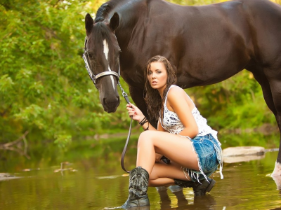 девушка, лошадь, вода, природа