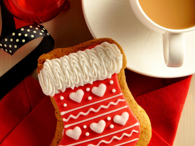 cappuccino, holiday, coffee, ball, merry christmas, cup, cookie, ribbon, еда, dessert