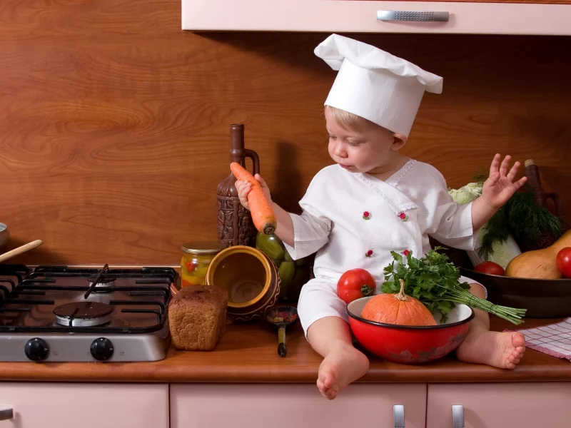 pumpkin, cook, kitchen, stove, ребёнок, child, carrot, parsley, tomato, bread, vegetables