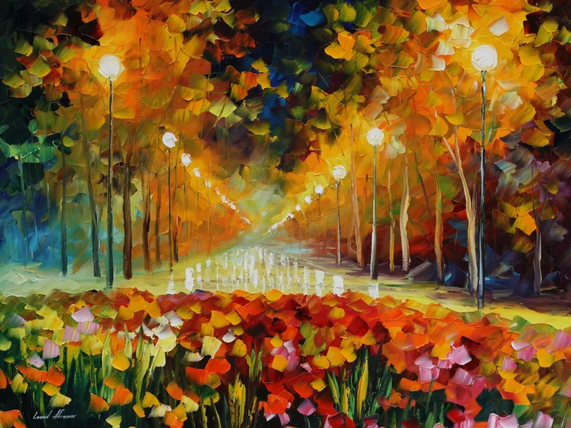 leonid afremov, фонари, свет, картина, живопись, улица