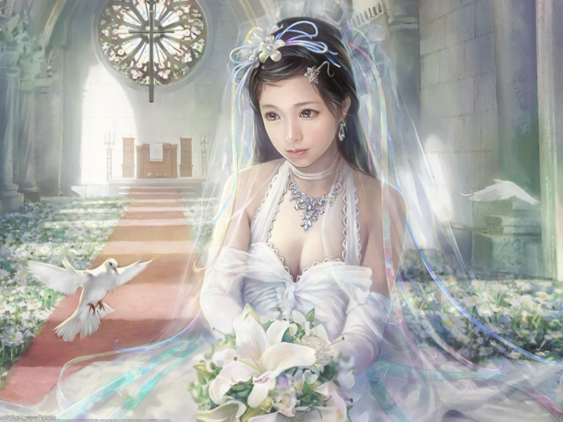 i-chen lin, девушка, голуби, букет, красота, невеста, цветы