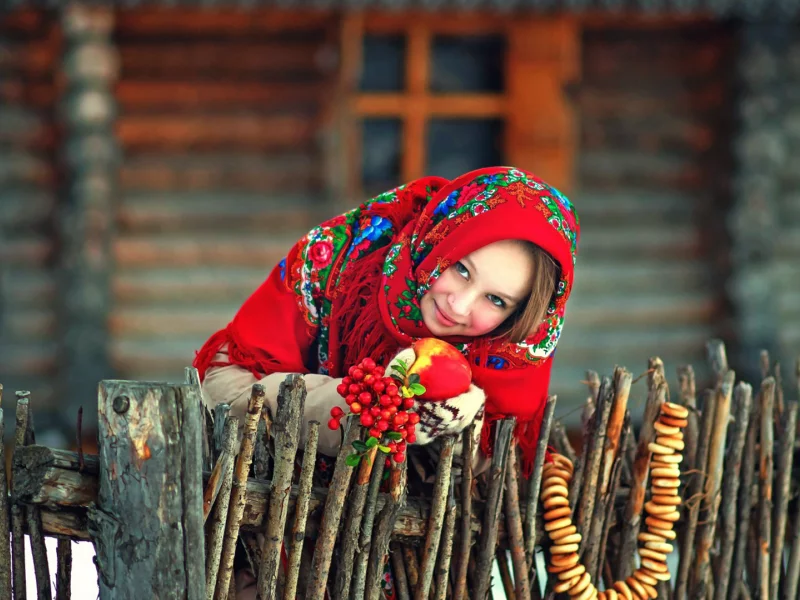 девушка, шаль, рябина