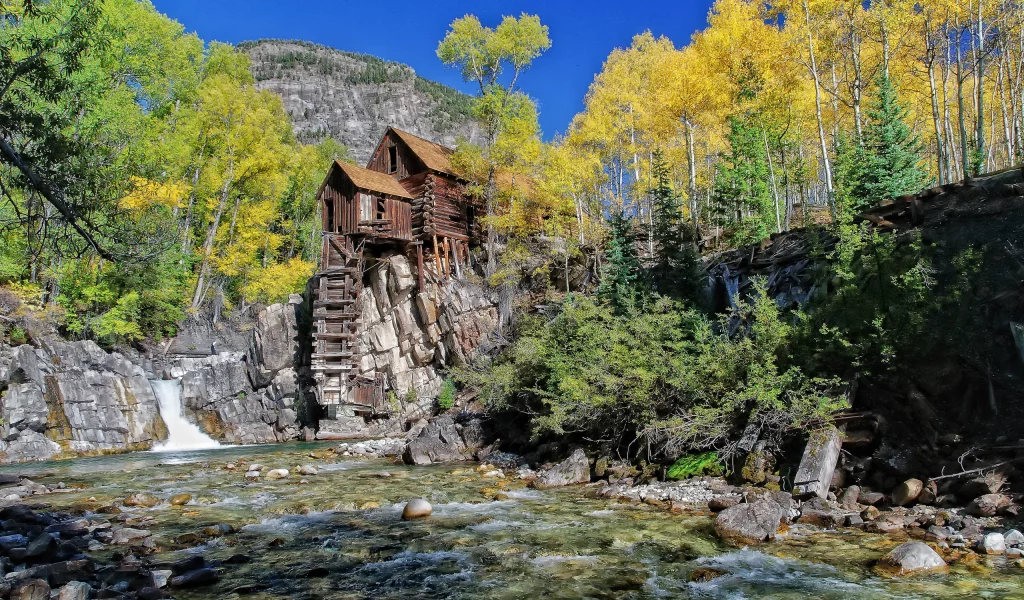 вода, камни, дом, река, деревья