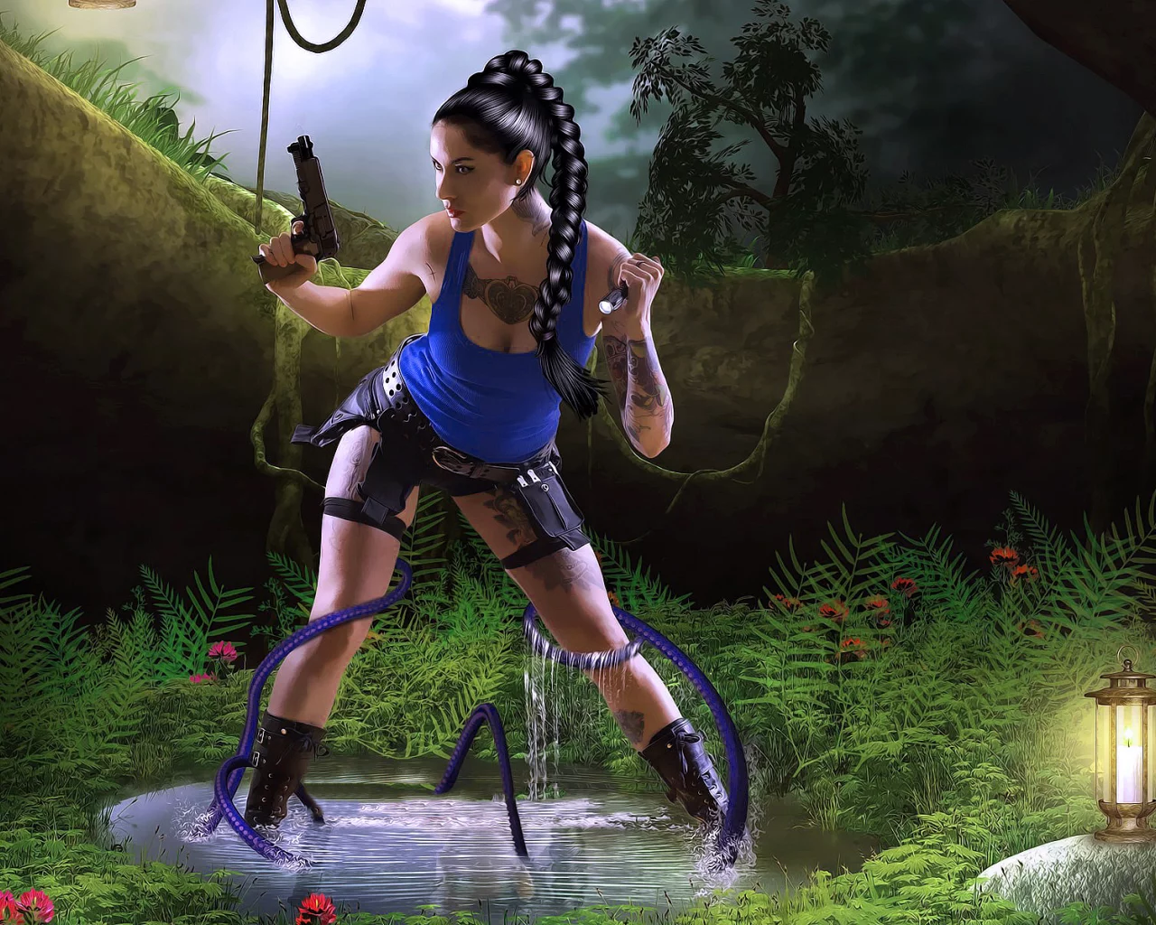 Заросли, вода, девушка, поза, пистолет, игра, tomb raider, рисунок.