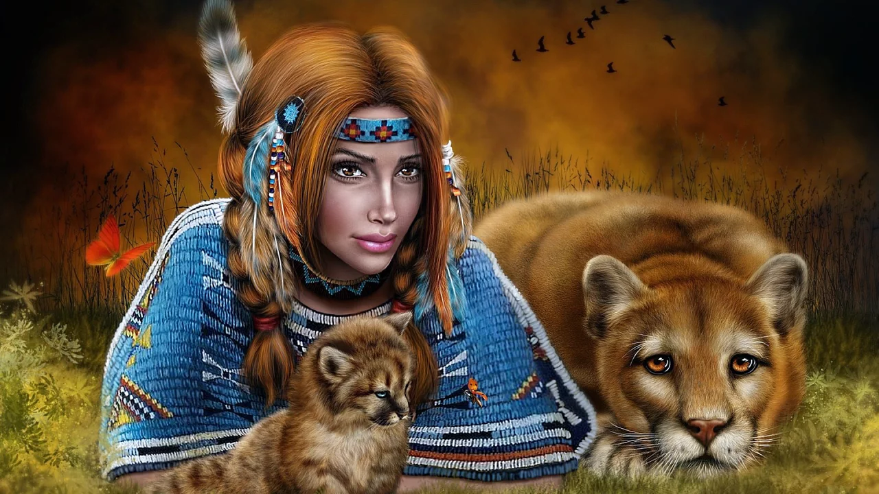 Природа, девушка, индейка, взгляд, дикий запад, америка, кошки, рисунок.