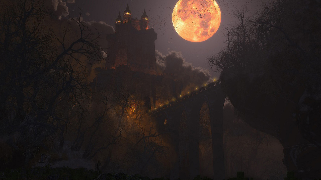 Ночь, Луна, сумрак, замок, дорога, рисунок.