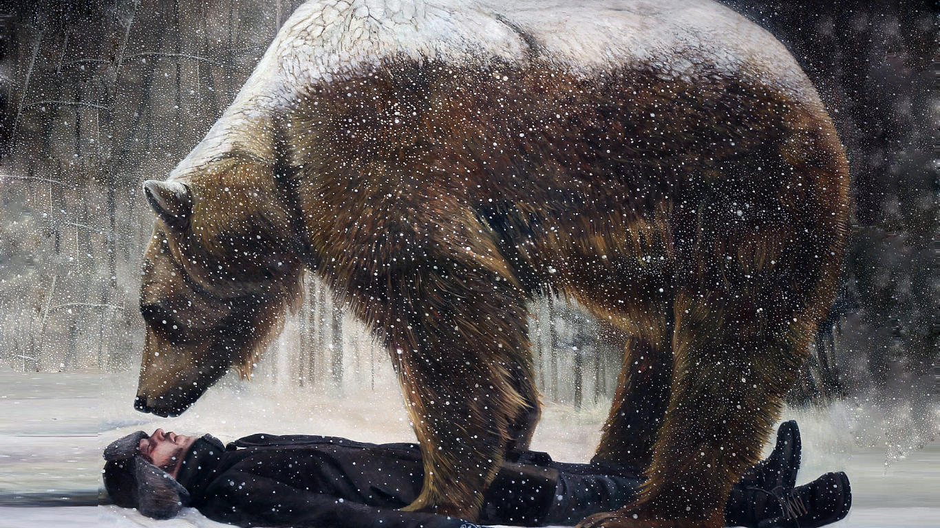 Зима, снег, человек, зверь, медведь, рисунок.
