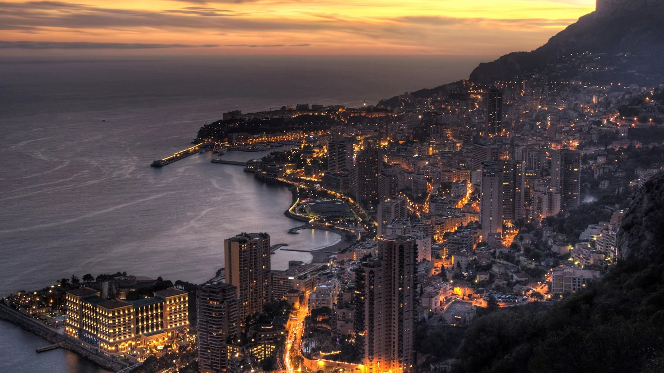 Монте Карло, Княжество Монако, город, Средиземное море, закат, Monte Carlo, Principaute de Monaco